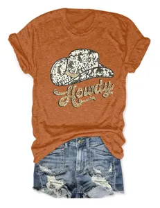 Casual women's short sleeve t-shirt featuring howdy leopard cowboy hat graphic print.