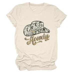Casual women's short-sleeve crewneck t-shirt featuring a stylish Howdy cowboy hat graphic print.