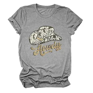 Women's Casual Howdy Cowboy Hat Graphic Short Sleeve Crewneck Grey Cotton T-Shirt Top