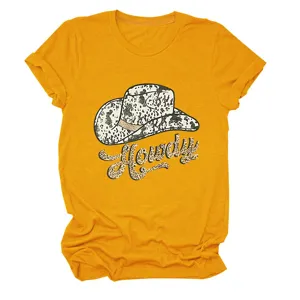 Women Casual Mustard Yellow Crewneck Short Sleeve T-Shirt with Cowboy Hat Howdy Graphic
