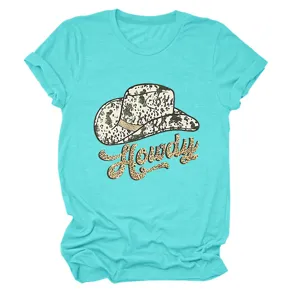 Close-up detail of the cyan short-sleeve t-shirt featuring a chic leopard cowboy hat design.