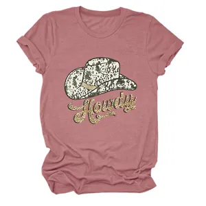 Women casual short sleeve crewneck t-shirt with cute western cowboy hat howdy graphic print.