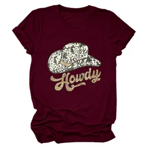 Burgundy short sleeve t-shirt detail showing the Howdy cowboy hat print and rolled cuffs.