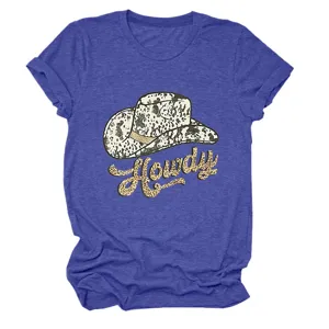 Women's Blue Heather Short Sleeve T-Shirt Casual Cowboy Hat Howdy Graphic Tee Top