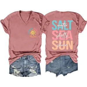 Maglietta casual da donna con scollo a V e maniche corte con stampa vacanza dettaglio.