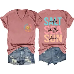 Donna casual scollo V manica corta t-shirt grafica abbinata pantaloncini denim