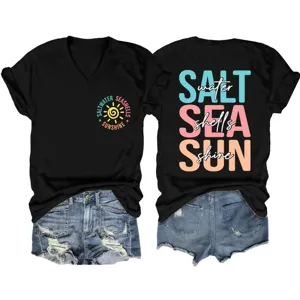 Maglietta casual da donna con scollo a V e grafica estiva abbinata a pantaloncini