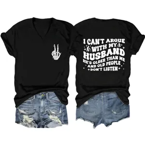 Funny slogan v-neck short sleeve black t-shirt with denim shorts detail view for casual wear.