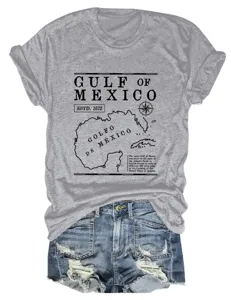 Casual grijs dames t-shirt met korte mouwen en Golf van Mexico kaart grafische print stijl.
