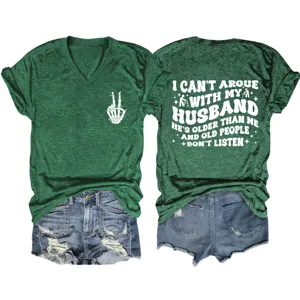 Women's green V-neck short sleeve graphic t-shirt with funny text print front back casual top