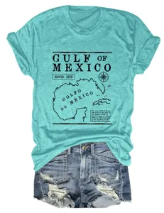 Turquoise dames t-shirt met korte mouwen en een vintage Golf van Mexico kaartprint design.