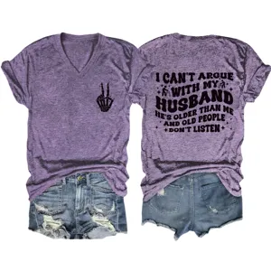Detailed view of the funny printed V-neck short sleeve t-shirt with denim shorts set.