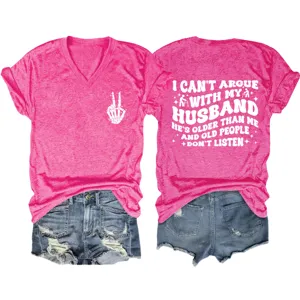 Pink V-neck short sleeve women's t-shirt with funny slogan print and casual summer style top.