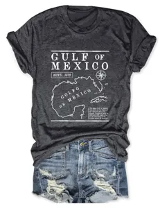 Gedetailleerd overzicht van donkergrijs grafisch t-shirt met vintage Golf van Mexico print.