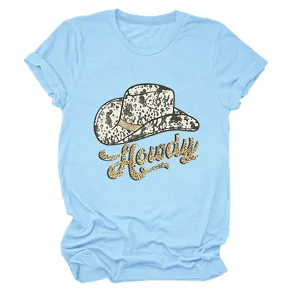 Light blue women's short sleeve t-shirt featuring a western cowboy hat and howdy leopard print graphic.