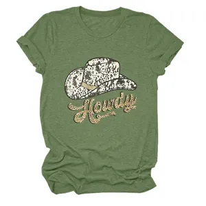 Women casual short sleeve t-shirt with cute cowboy hat letter print, comfortable daily wear top.