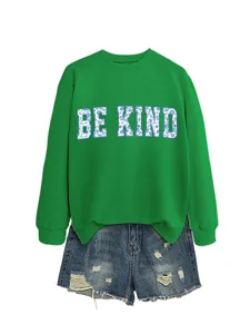 Vista dettagliata della felpa verde casual da donna con stampa floreale BE KIND.
