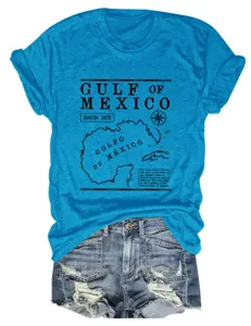 Casual vrouwen blauw korte mouw T-shirt vintage Golf van Mexico kaart grafische top