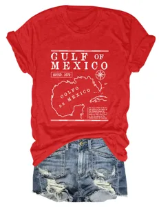 Dames casual rood kort mouw t-shirt met Golf van Mexico vintage kaart grafische print.