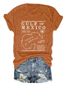 Casual dames t-shirt met korte mouwen en een grafische kaartprint van de Golf van Mexico.