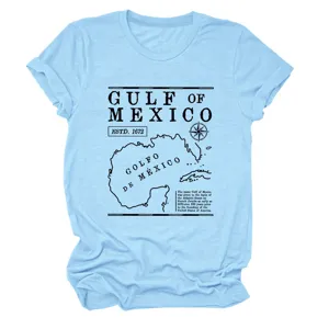 Detailweergave van casual dames t-shirt korte mouw met golf van mexico vintage kaart print