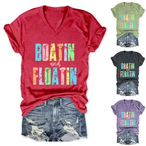 T-shirt décontracté à col V et manches courtes pour femmes, tissu doux avec motif.