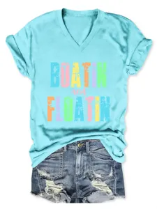 T-shirt décontracté pour femme col v manches courtes avec imprimé boatin et floatin estival