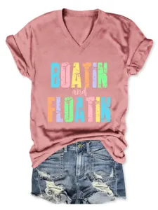 T-shirt femme décontracté col V manches courtes avec impression, top d'été confortable.