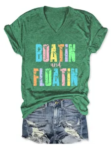 T-shirt décontracté vert à col en V et manches courtes pour femme avec imprimé coloré sympa.