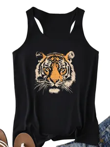Γυναικείο Μαύρο Αμάνικο Tank Top Vintage Στάμπες Τίγρης Καλοκαιρινό Casual T-shirt