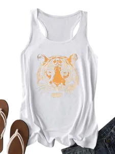 Γυναικείο casual λευκό racerback αμάνικο top με vintage χρυσή στάμπα κεφάλι τίγρης καλοκαίρι