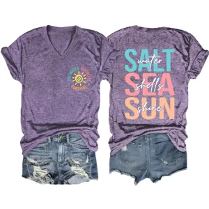 Maglietta casual da donna con scollo a V e maniche corte con stampa grafica alla moda.