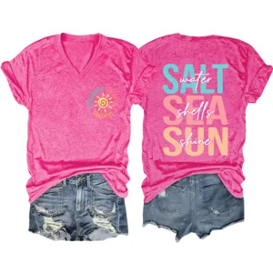 Donna Casual Scollo V Manica Corta T-Shirt Estate Spiaggia Lettera Stampa Top
