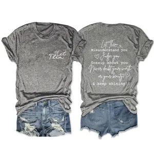 Γκρι casual γυναικείο κοντομάνικο t-shirt με στάμπα, άνετο και στιλάτο καθημερινό.