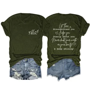 Πράσινο γυναικείο casual κοντομάνικο t-shirt με στάμπα γραμμάτων, λεπτομερής όψη.