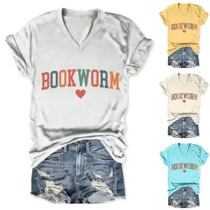 Dames V-Hals Korte Mouw Casual T-Shirt Bookworm Letterprint Zomer Basis Topje Kleding