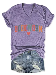 Paars bookworm V-hals korte mouw T-shirt, casual melange grafisch t-shirt voor dames.