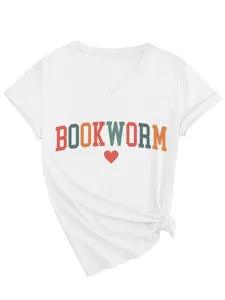 Casual dames V-hals korte mouw T-shirt met bookworm grafische print en trendy knoopdetail.