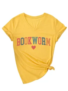 Dames Casual V-Hals Korte Mouw Gele T-Shirt Voorzien van Bookworm Letter Print Topje