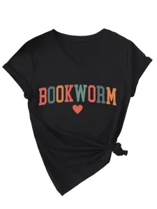 Dames V-hals korte mouw T-shirt casual Bookworm letterprint knoop zoom top shirt