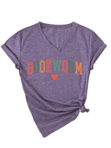 Casual dames V-hals korte mouw t-shirt met boekwurm grafische print en stijlvolle zijknoop.
