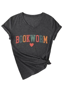 Dames V-hals korte mouw T-shirt casual Bookworm grafische top opgerolde zoom knoop
