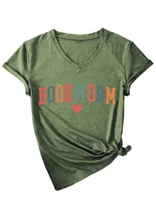 Casual dames V-hals t-shirt met korte mouwen, boekwurm grafische print en zijknnoop.