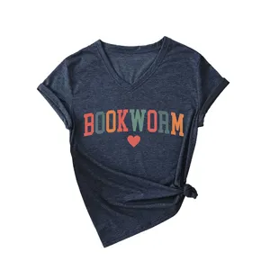 Dames V-Hals Korte Mouw Katoenen T-Shirt Bookworm Print Zomer Casual Tops Mode