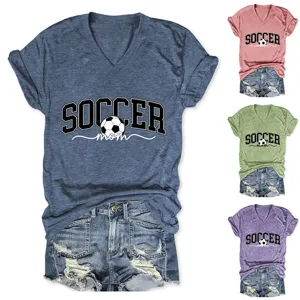 Top t-shirt décontracté col V manches courtes imprimé Soccer Mom en diverses couleurs