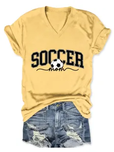 T-shirt jaune à manches courtes et col en V pour femme avec motif maman de foot.