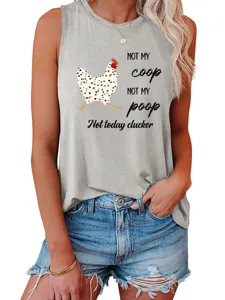 Close-up detail of women's gray sleeveless tank top featuring funny chicken graphic and quote.
