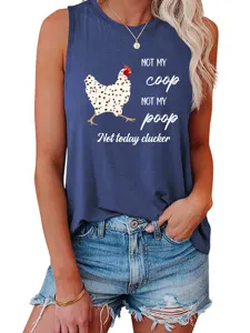 Women casual sleeveless tank top funny chicken graphic letter print blue summer shirt
