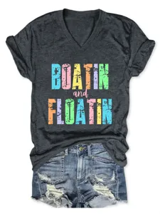 T-shirt femme décontracté col V manches courtes avec imprimé lettres colorées, vêtement confortable.