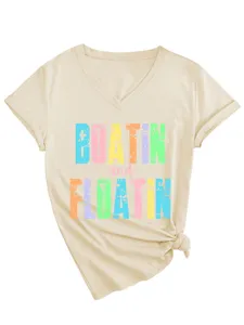 T-shirt femme décontracté col V manches courtes avec imprimé graphique et ourlet noué élégant.